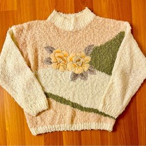 Vintage 80s soft textured sweater with floral fabric appliqué and pearls